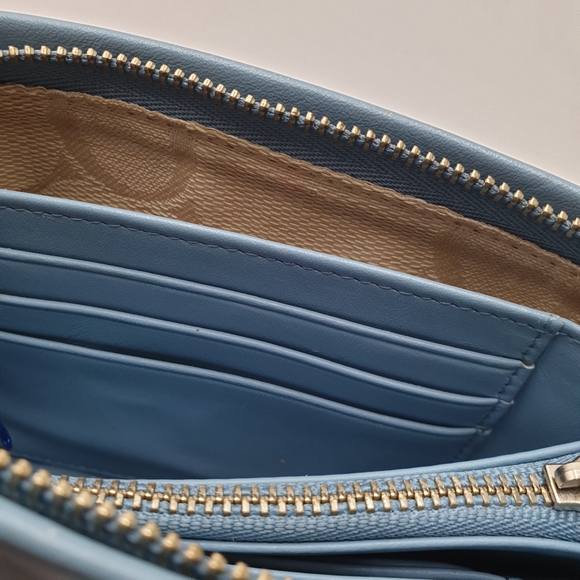 EXTRA 30% OFF🖤 Oroton Dusty Blue Leather Silver Logo Zip Top Pouch Wrislet - Picture 15 of 15